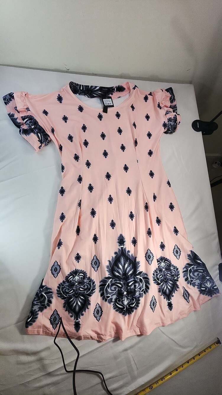 REBORN New York Pale Pink & Black Damask Pattern Flutter Sleeve Fit & Flare Dres
